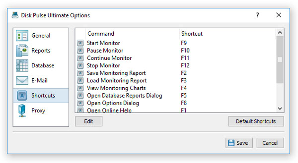 DiskPulse Options Dialog Shortcuts